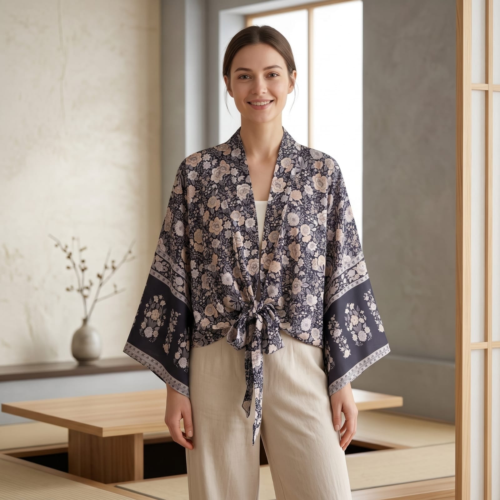 Femme portant un kimono court noué à la taille, dans un motif floral noir, avec en fond un salon style japandi