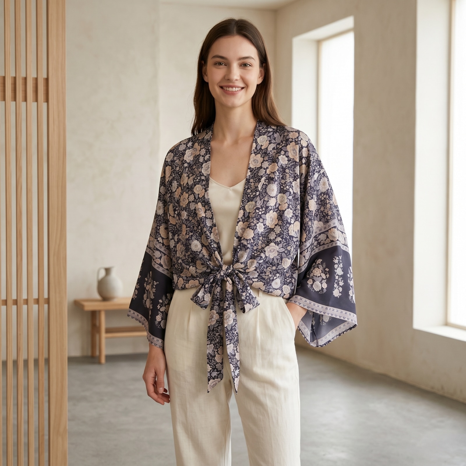 Kimono court pour femme à imprimé floral, kimono japonais porté de face
