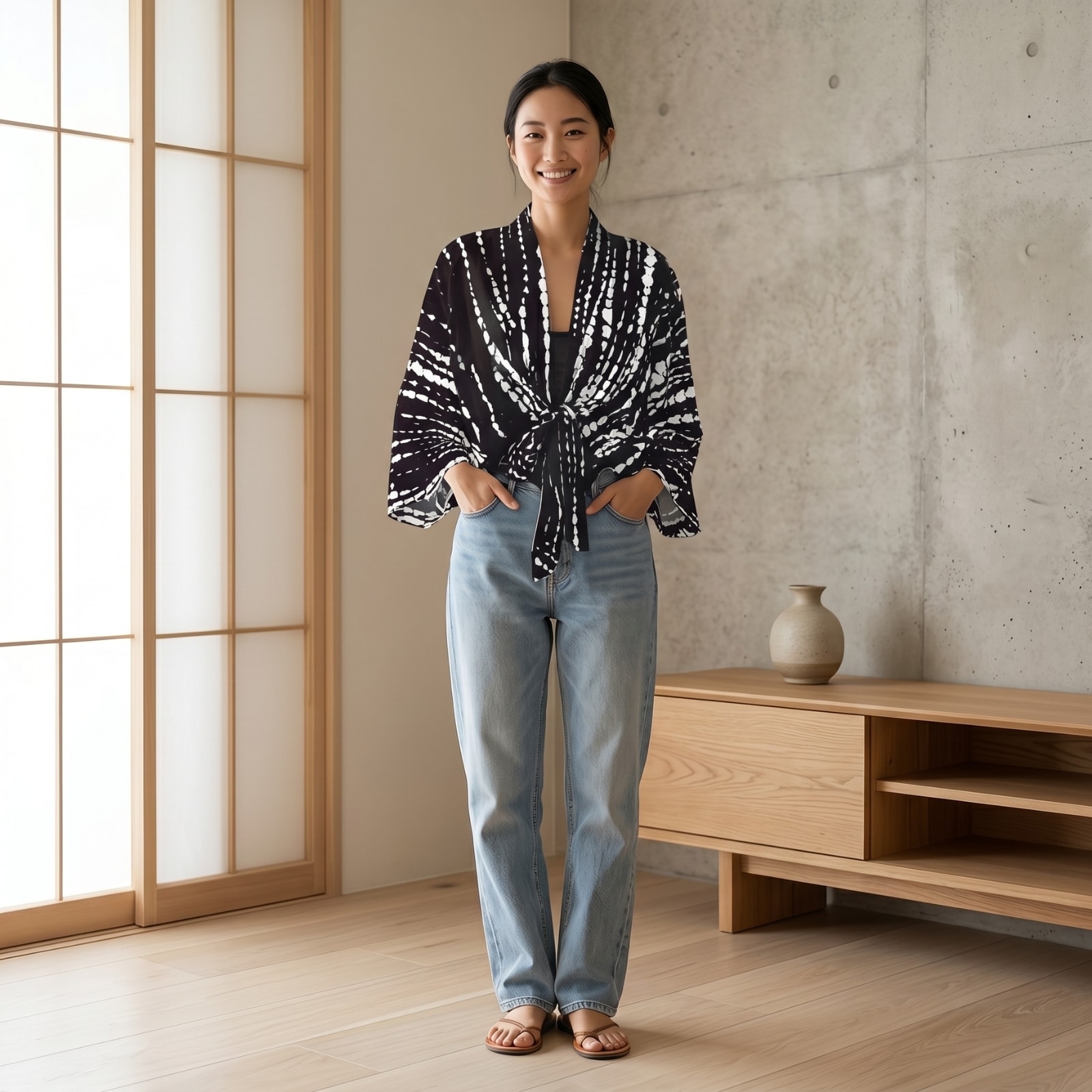 Kimono femme court imprimé Shibori noir et blanc, kimono japonais porté de face