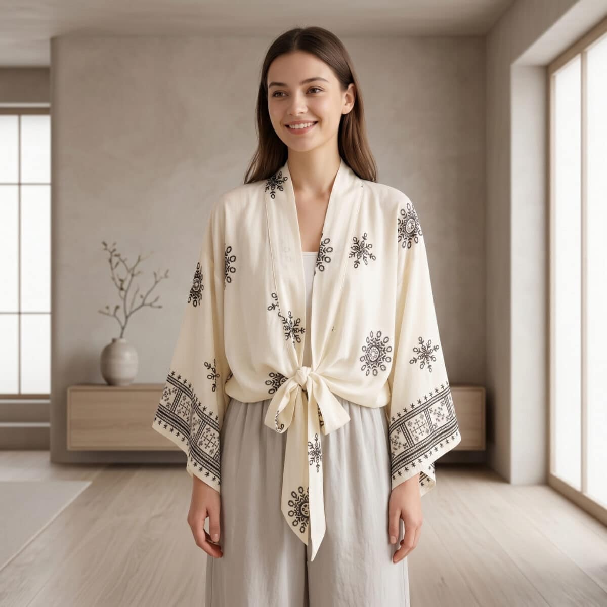 Femme portant un kimono blanc crème à motif floral noir, dans un salon style japandi