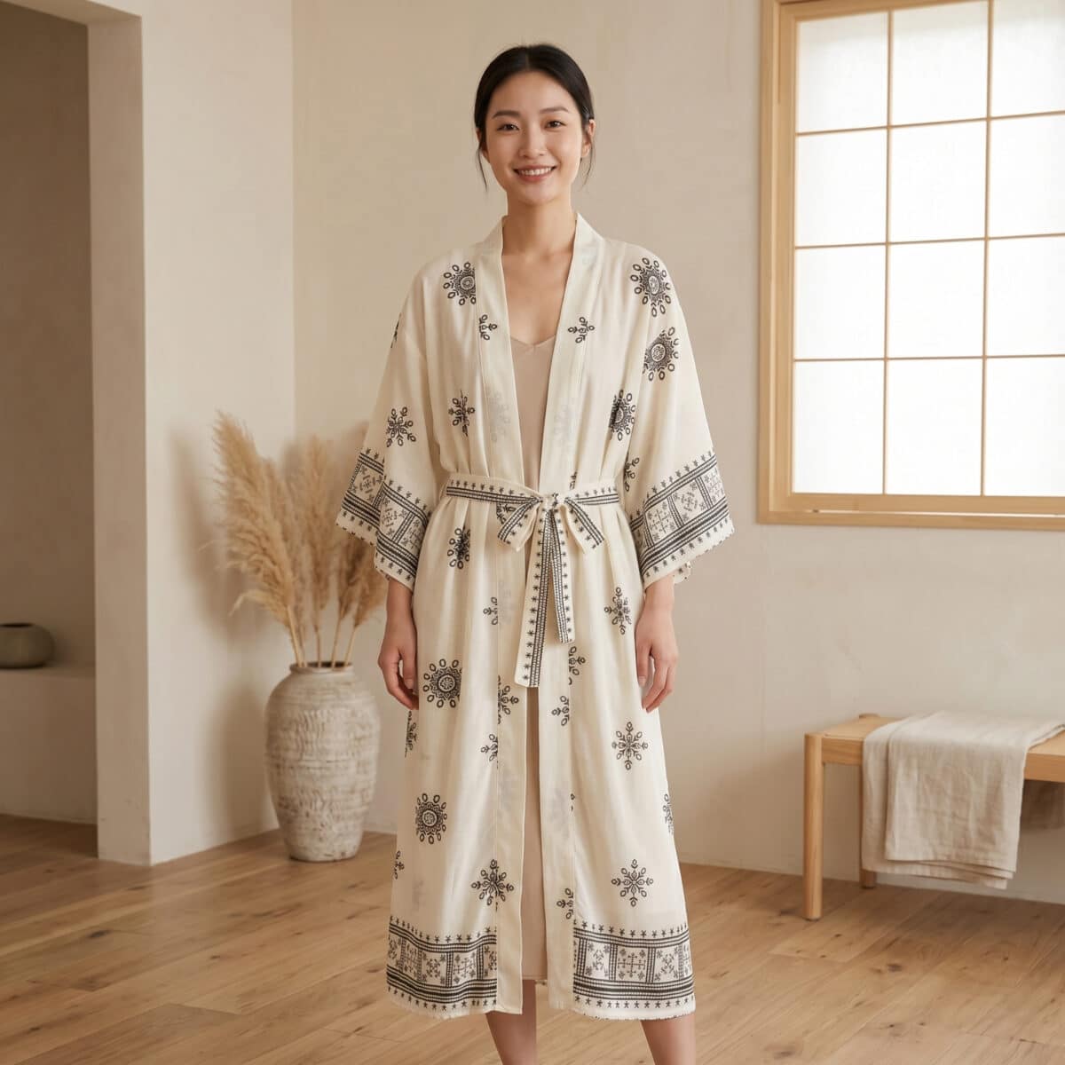 Femme portant un kimono long de couleur écru avec des motifs ethniques noirs, dans un salon japandi