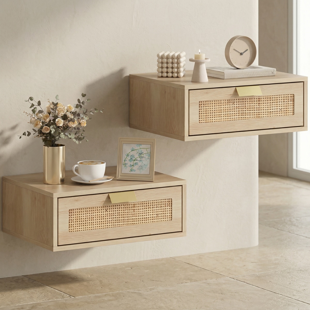 Lot de 2 tables de chevet japandi flottantes en rotin — style japandi