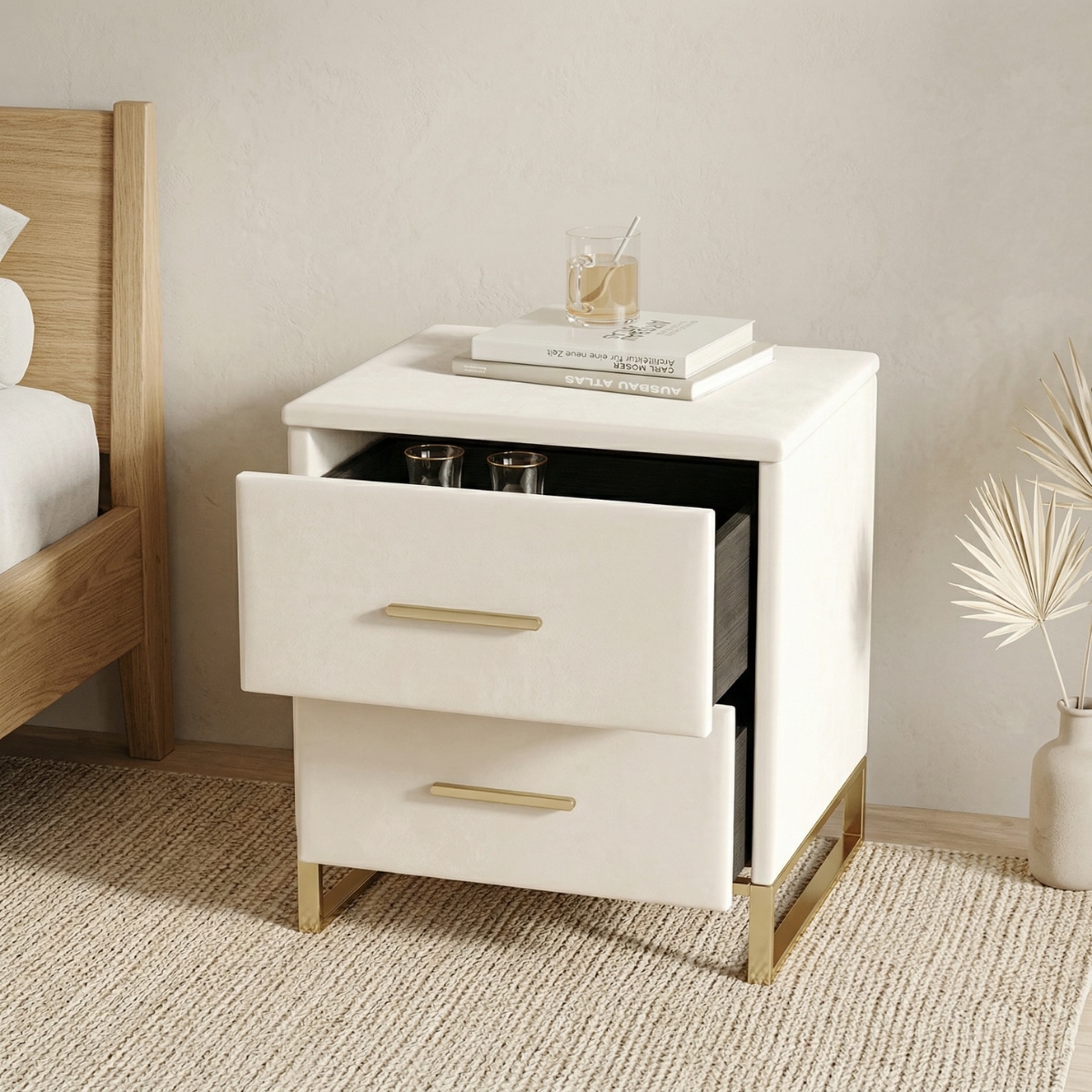 Lot de 2 tables de chevet japandi minimalistes blanches et dorées — style japandi