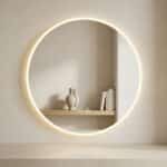 Miroir japandi rond à éclairage LED intelligent, sur un mur beige