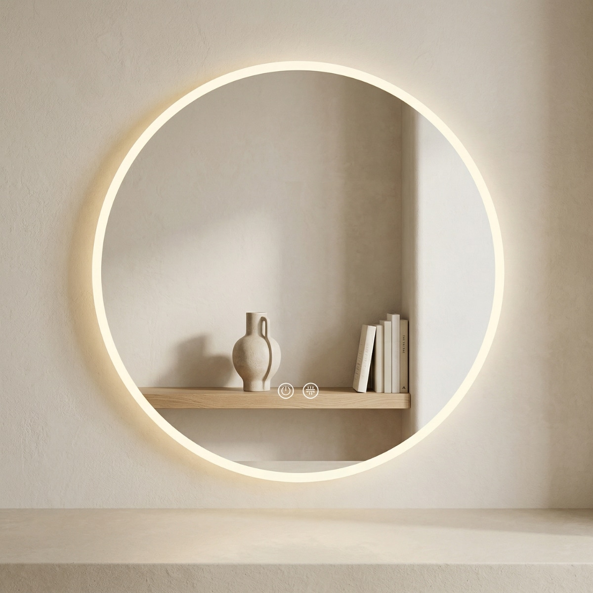 Miroir japandi rond à éclairage LED intelligent, sur un mur beige