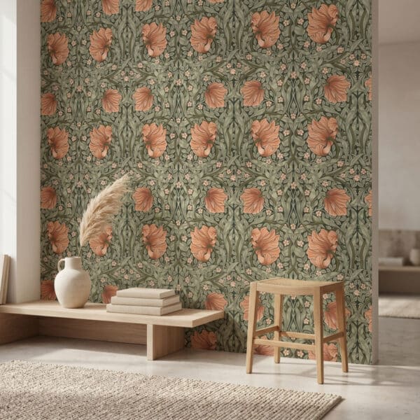 Papier peint japonais à à motif botanique vert et pivoine orange, dans un salon japandi