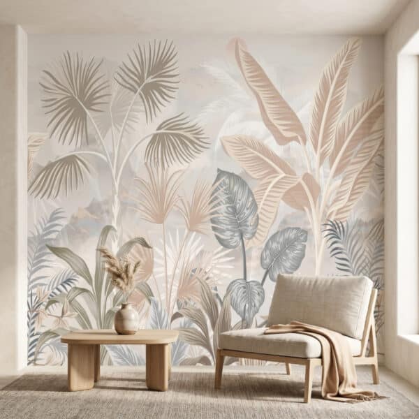 Papier peint japonais à motif exotique de feuilles tropicales dans les tons beiges façon aquarelle, dans un salon japandi