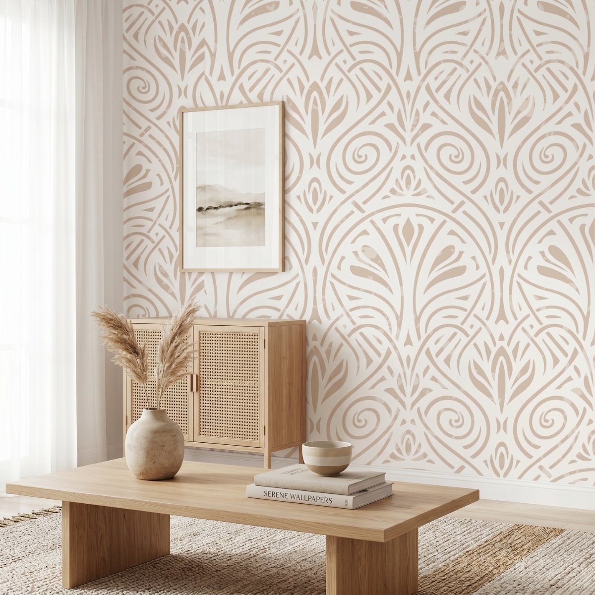 Papier peint japonais minimaliste motif arabesque — style japandi