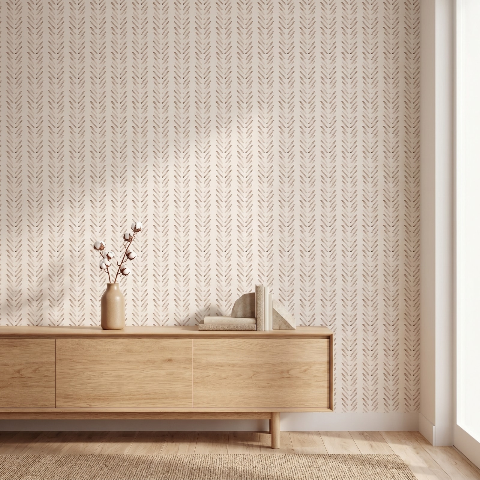 Papier peint japandi à motif minimaliste chevrons, dans un salon élégant