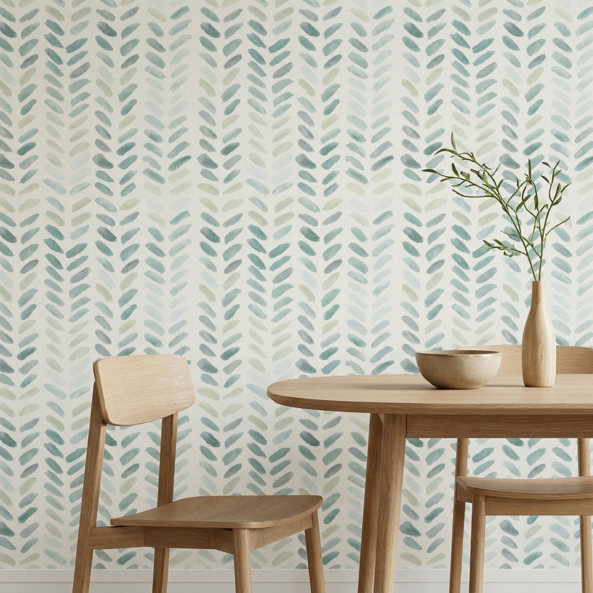 Papier peint japonais au style minimaliste, avec des feuilles vertes aquarelle, une chaise et une table