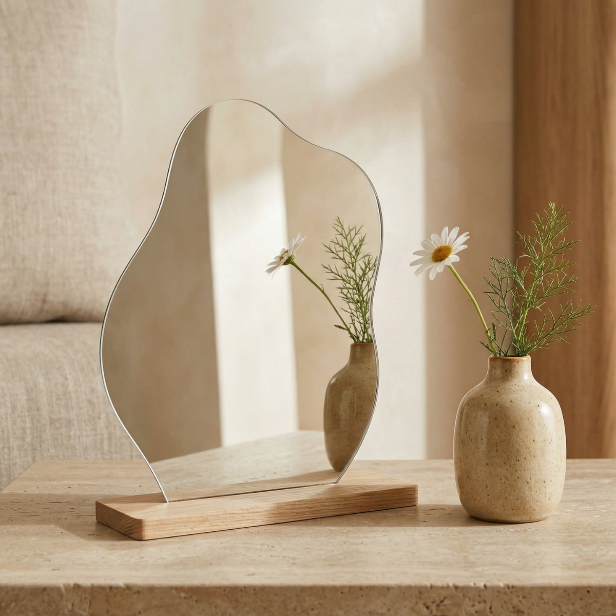 Petit miroir japandi organique avec support en bois — style japandi