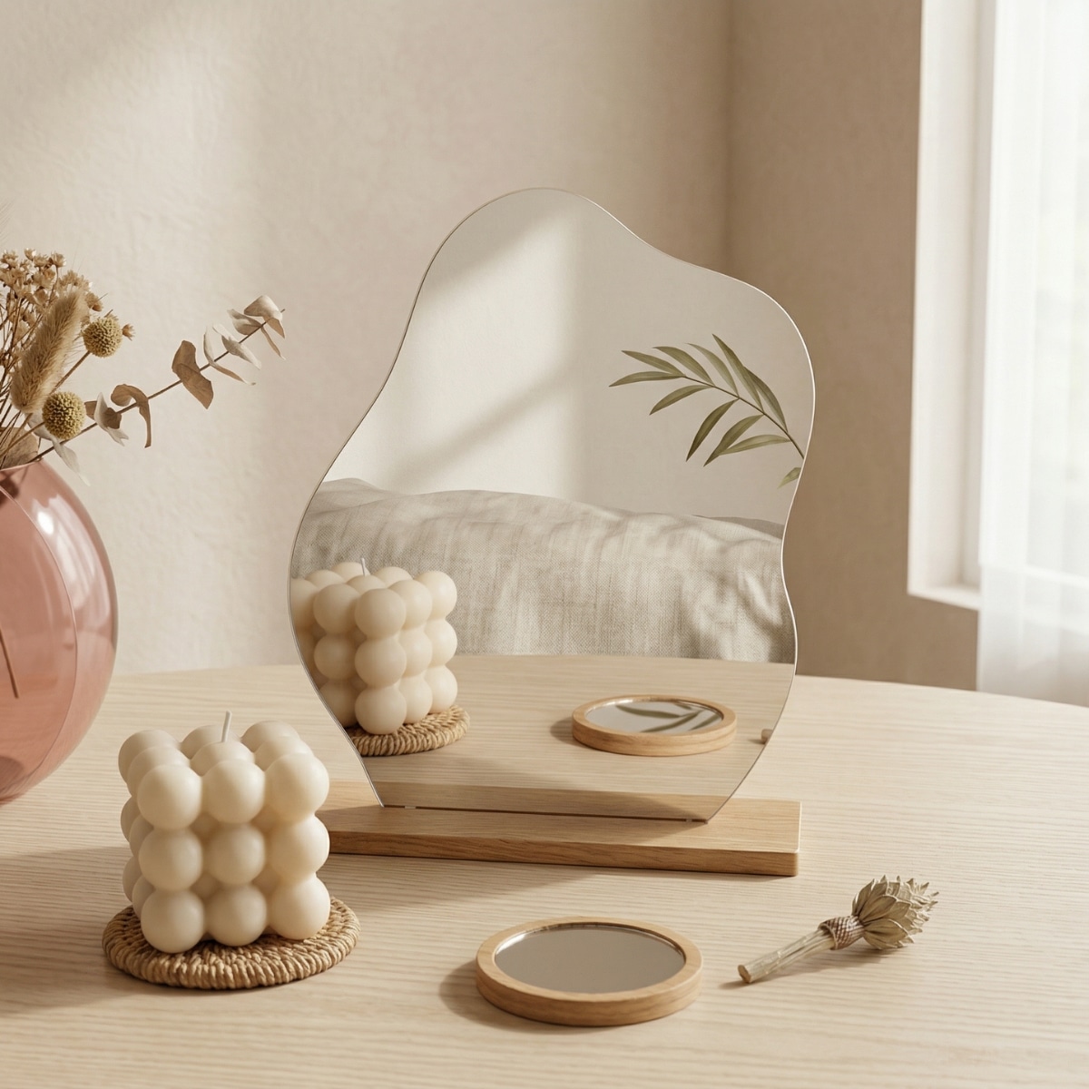 Petit miroir japandi organique avec support en bois — style japandi