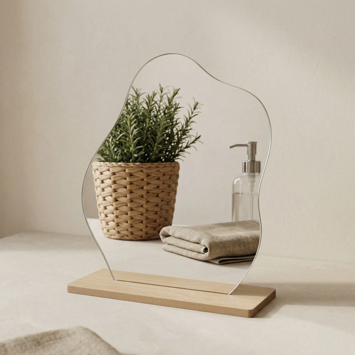 Petit miroir japandi organique avec support en bois — style japandi