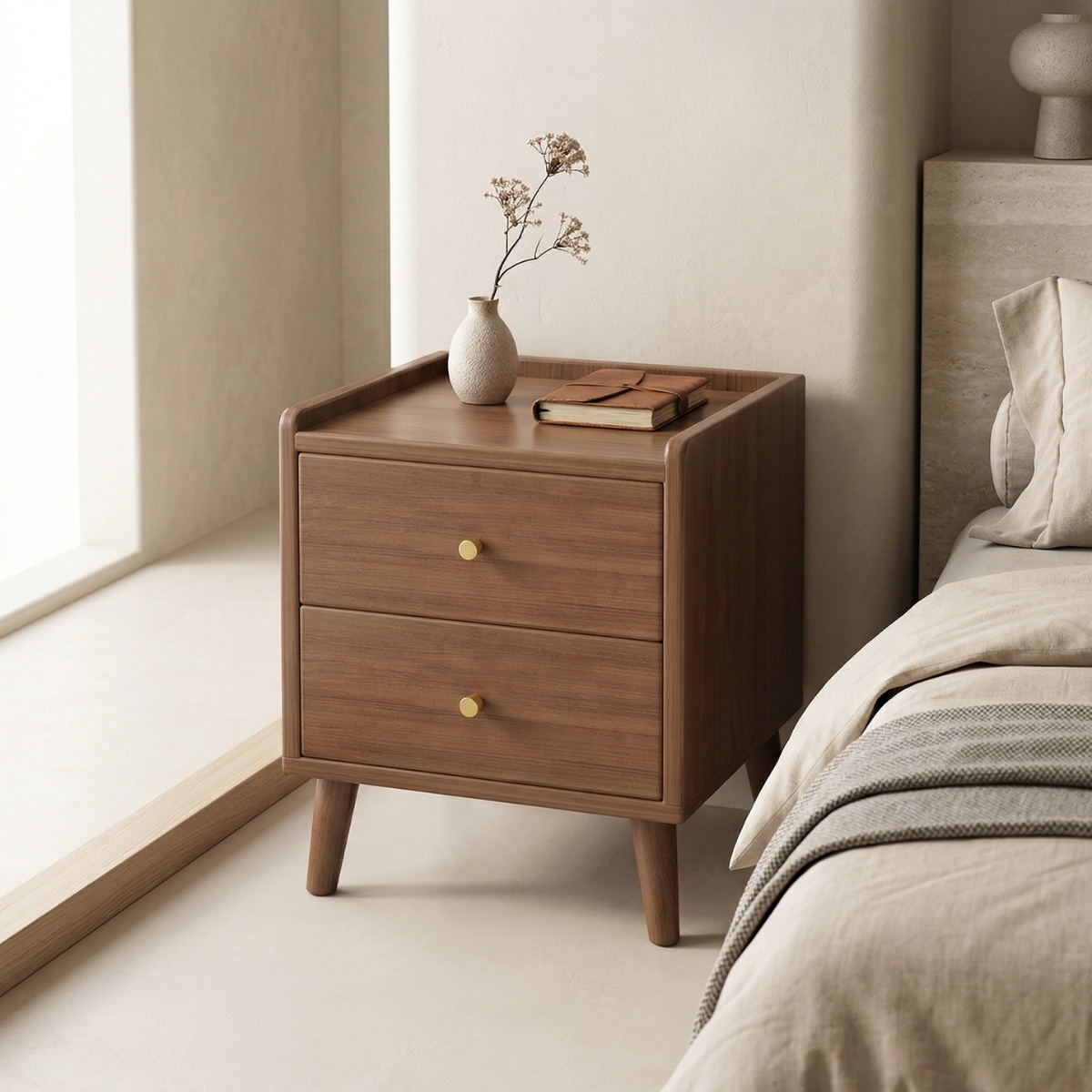 Table de chevet japandi en bois massif et détails dorés — style japandi