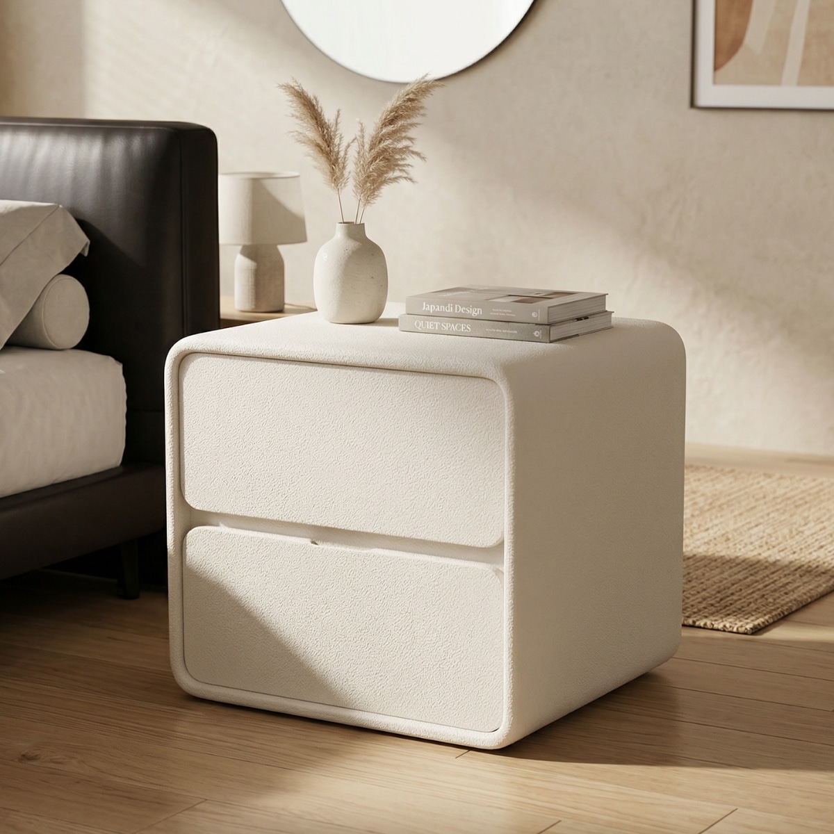 Table de chevet japandi en bois massif blanc style minimaliste Bauhaus, dans une chambre moderne