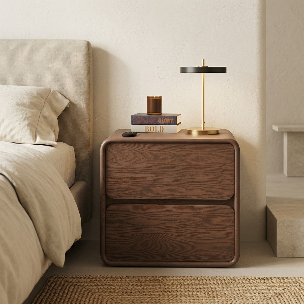 Table de chevet japandi luxe en bois massif design Bauhaus — style japandi
