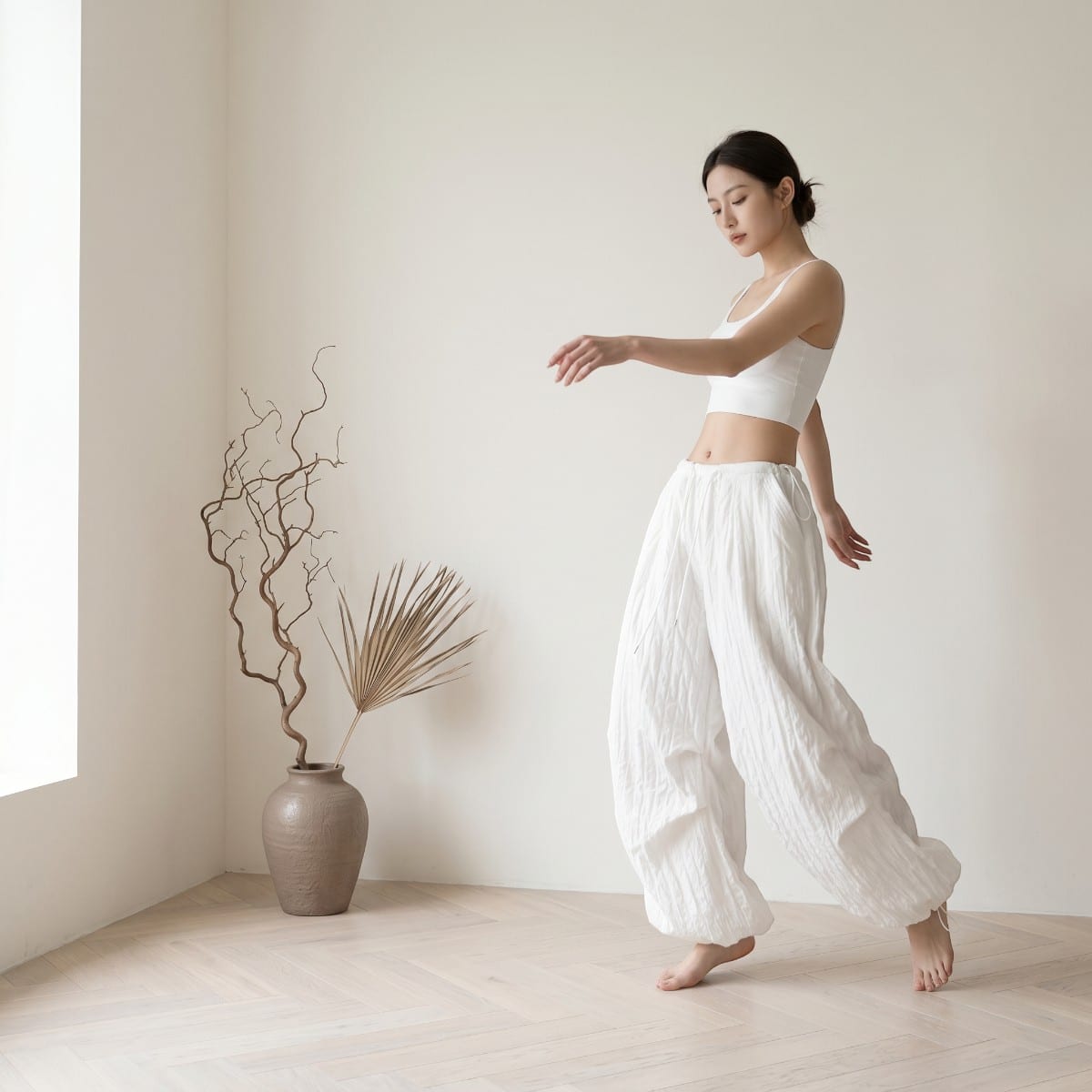 Pantalon parachute Y2K minimaliste blanc — style japandi