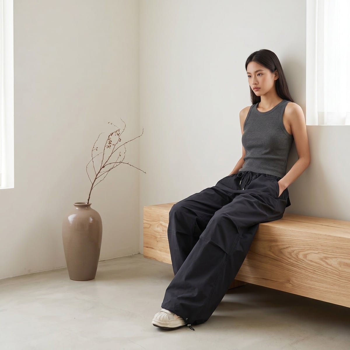 Pantalon parachute femme cordon ajustable — style japandi