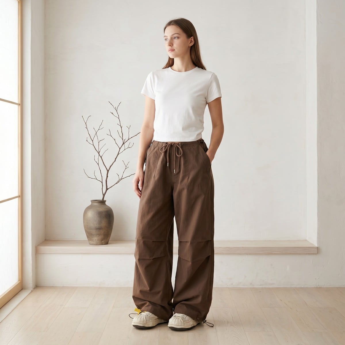 Jeune femme européenne, vêtue d'un t-shirt blanc et du pantalon parachute femme couleur marron équipé de ses cordons ajustables dans un milieu éclairé.