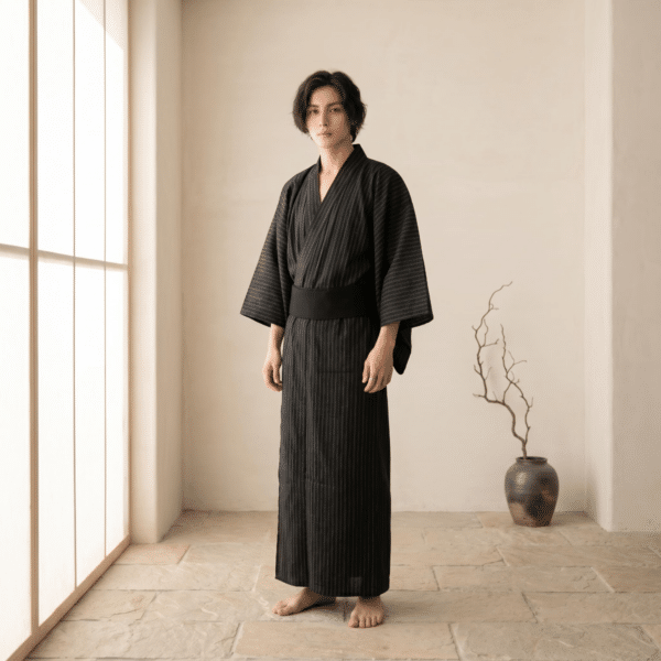 Jeune homme au cheveux noirs, vêtu du yukata noir style samouraï dans une pièce ensoleillé et claire.