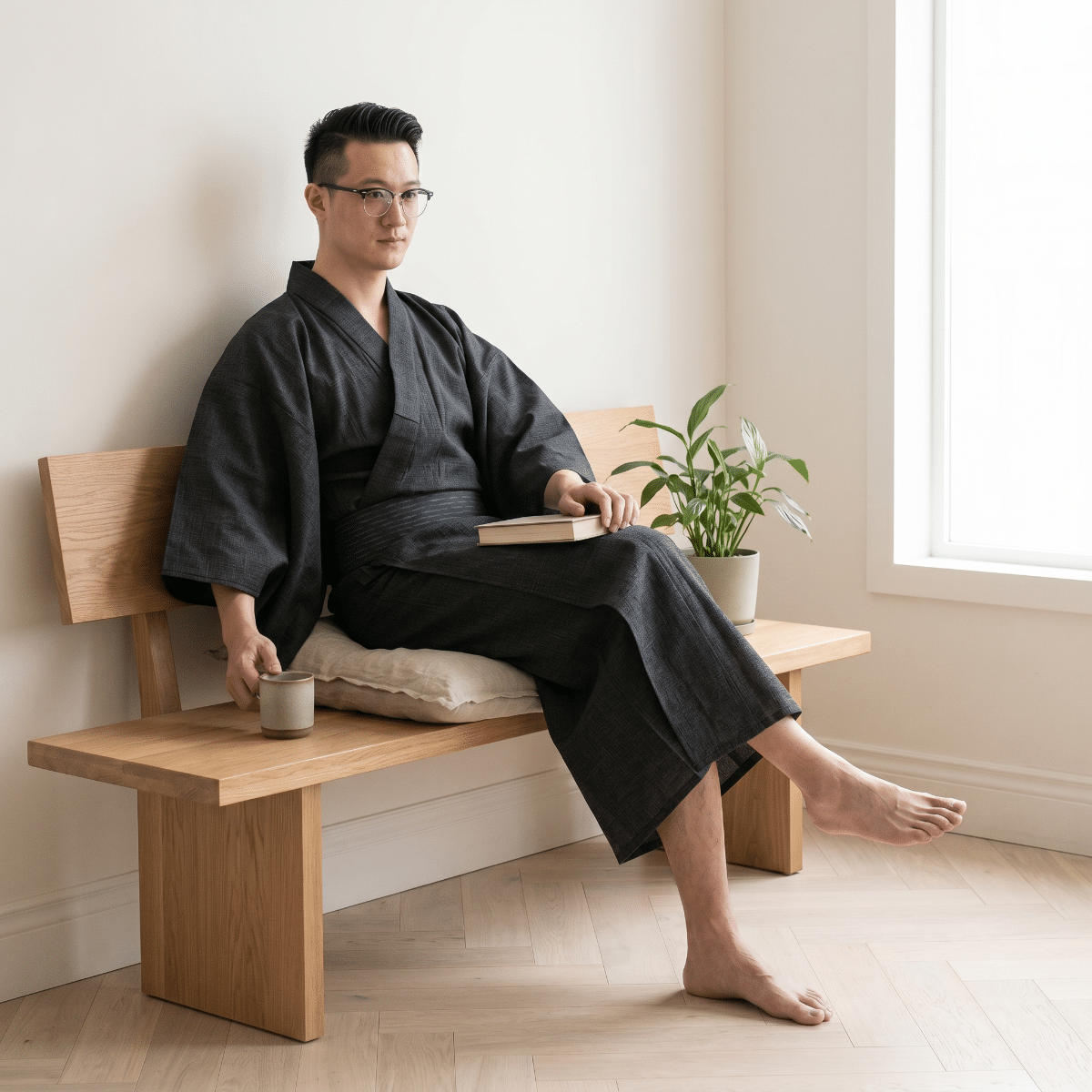 Yukata homme noir sobre obi assorti — style japandi