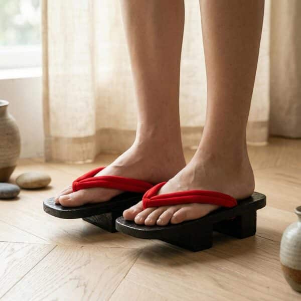 Les chaussures japonaises Geta artisanales en bois noir et en tissu rouge portée dans un environnement clair et chaleureux.