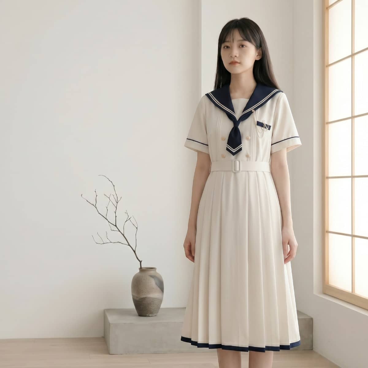 Jeune femme portant une robe uniforme japonais style académique crème à col sailor bleu marine orné de liserés blancs, agrémentée d'une cravate bleue, de boutons dorés et d'une ceinture assortie, avec une jupe longue plissée bordée de bleu marine, dans un intérieur épuré aux tonalités naturelles.