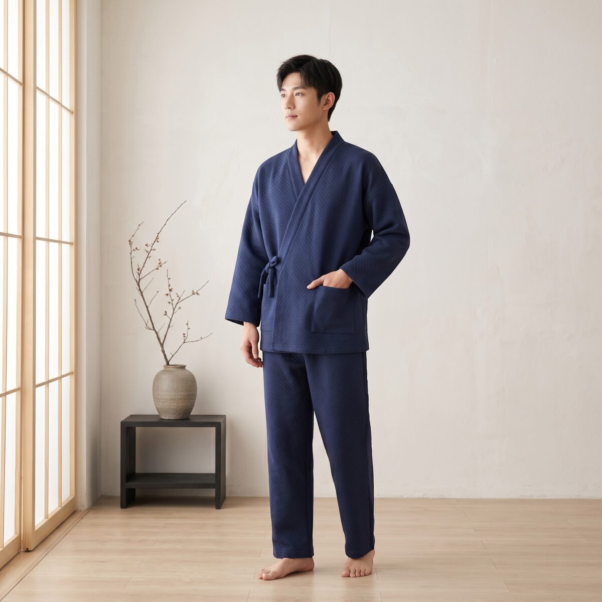Homme en jinbei homme hiver molletonné bleu marine, veste croisée manches longues et pantalon ample, debout dans un intérieur japonais lumineux.