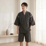 Homme portant un jinbei homme oversize coton noir et rayures anthracite, veste croisée ample nouée et short assorti, debout dans un intérieur japandi lumineux