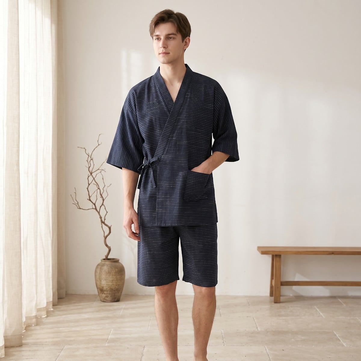 Ensemble jinbei homme texturé manches courtes, vêtement japonais porté de face