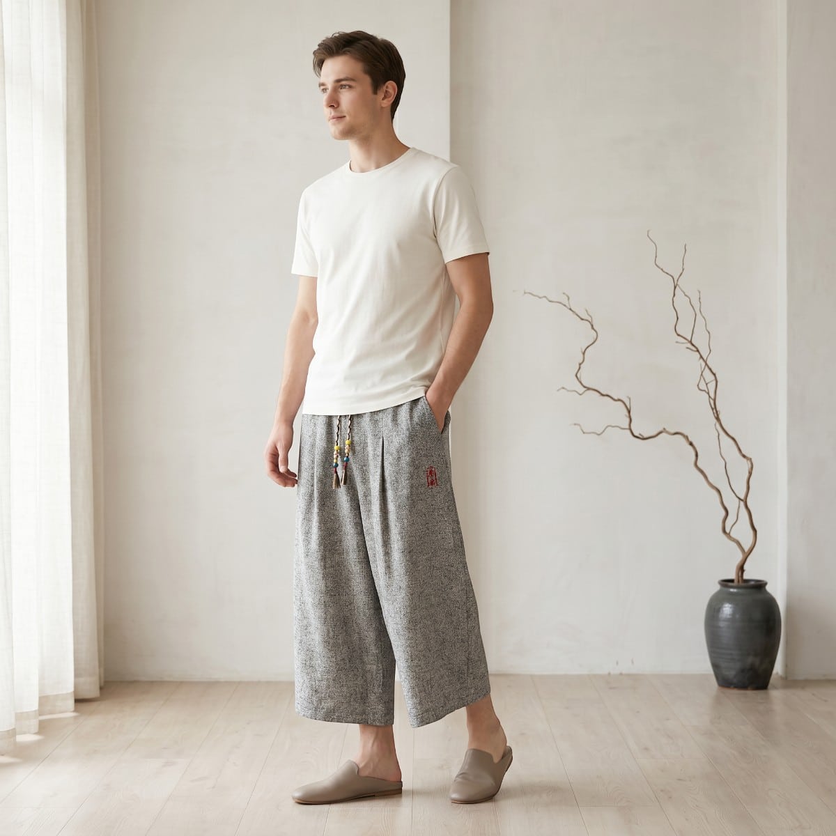 Un jeune homme portant un pantalon japonais homme 7/8 confort quotidien large et gris chiné avec des sandales noires, dans une pièce lumineuse au style épuré avec un parquet en bois et une décoration zen.