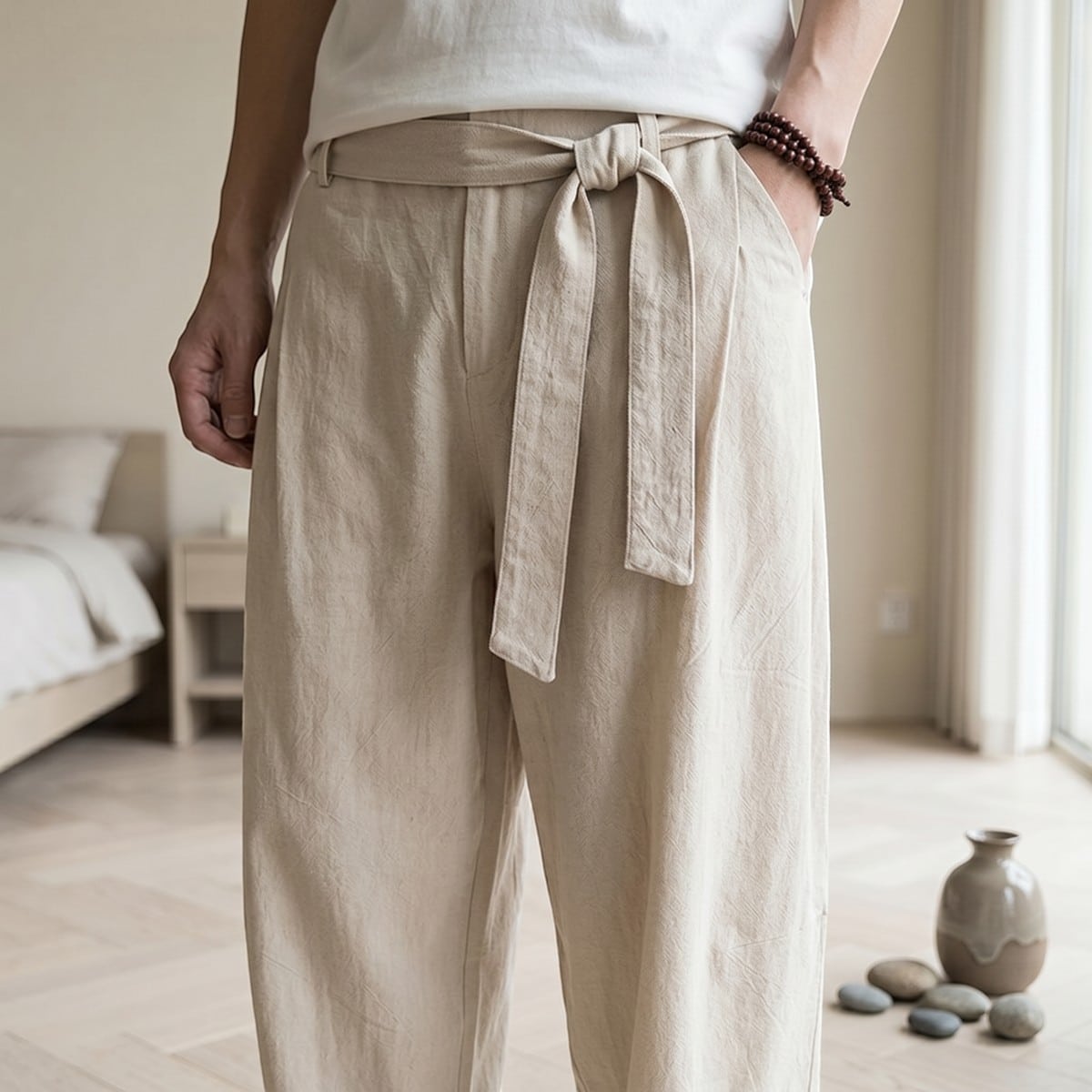 Pantalon japonais homme carotte écru et ceinture obi — style japandi
