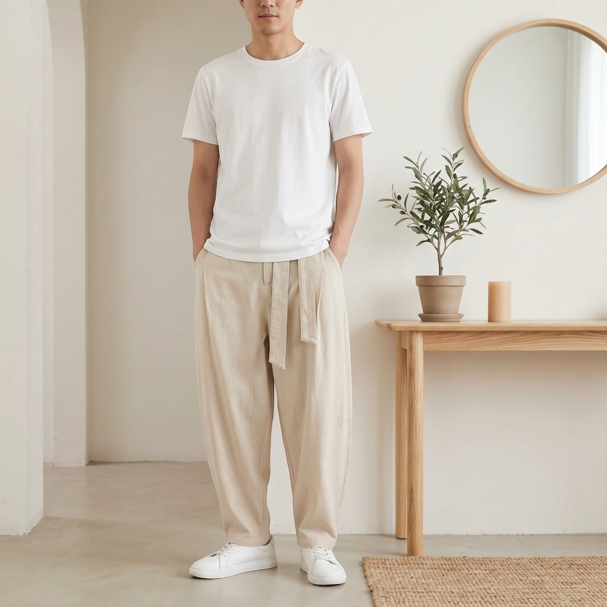 Pantalon japonais homme carotte écru et ceinture obi — style japandi