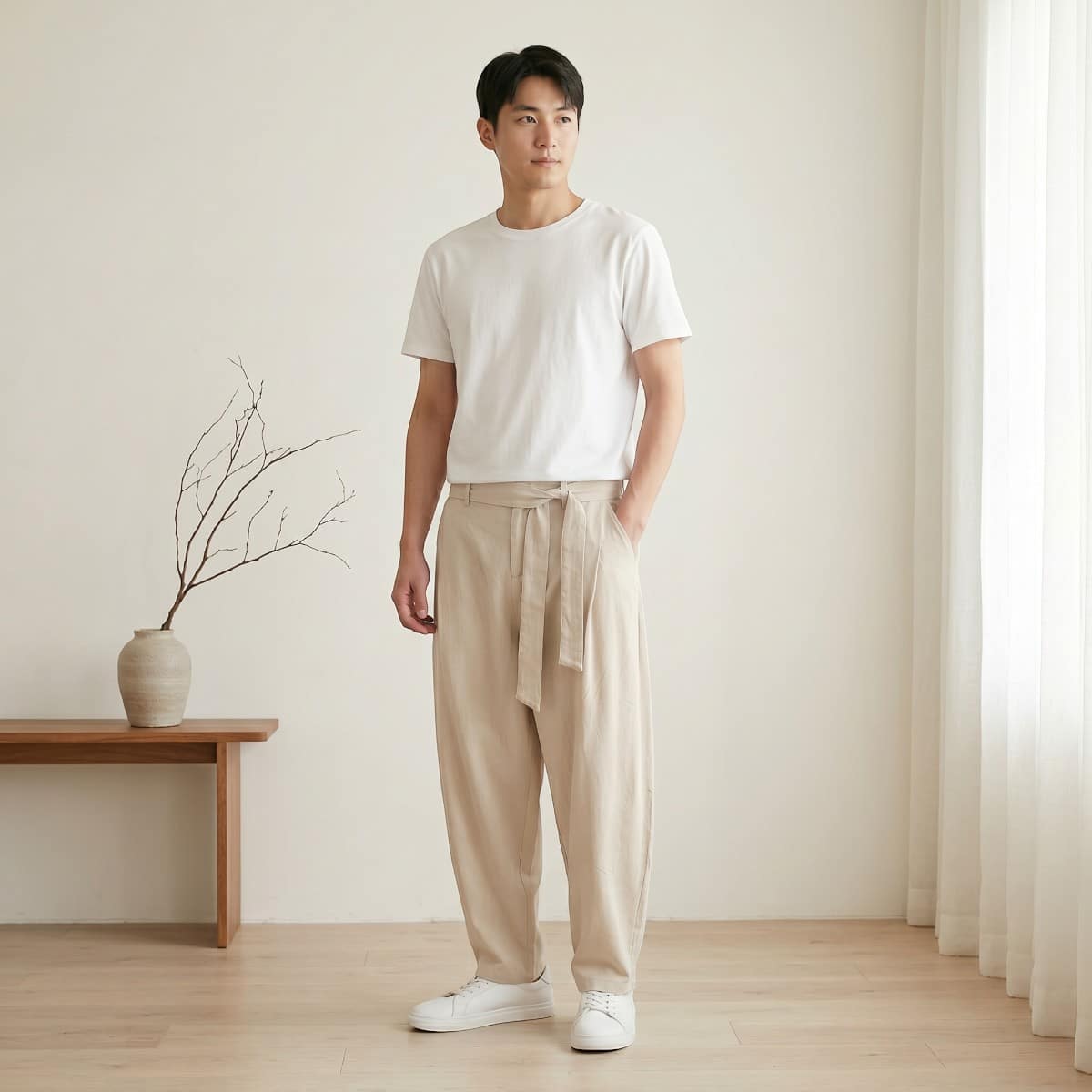 Un jeune homme pose debout en portant un pantalon japonais 7/8 patchwork homme de couleur beige avec une ceinture nouée, accompagné d'un t-shirt blanc, dans une pièce épurée et lumineuse au parquet clair avec un vase décoratif sur le côté.