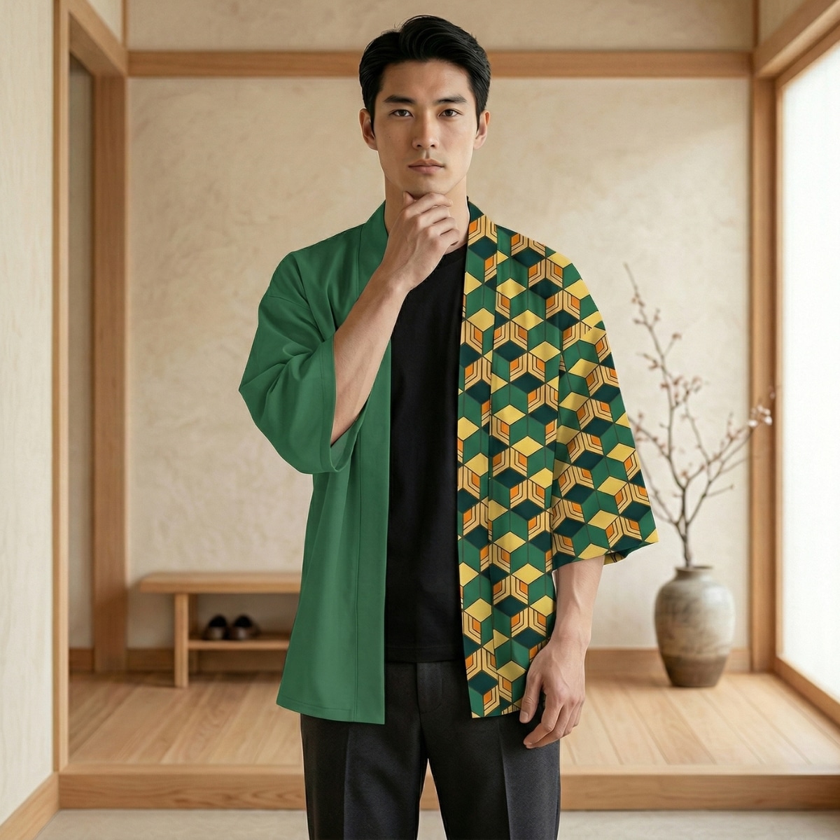 Un homme asiatique portant une veste haori homme à motif géométrique bicolore, avec un côté vert uni et l'autre orné de cubes jaunes et verts, devant un mur beige épuré dans une pièce au style japonais traditionnel.
