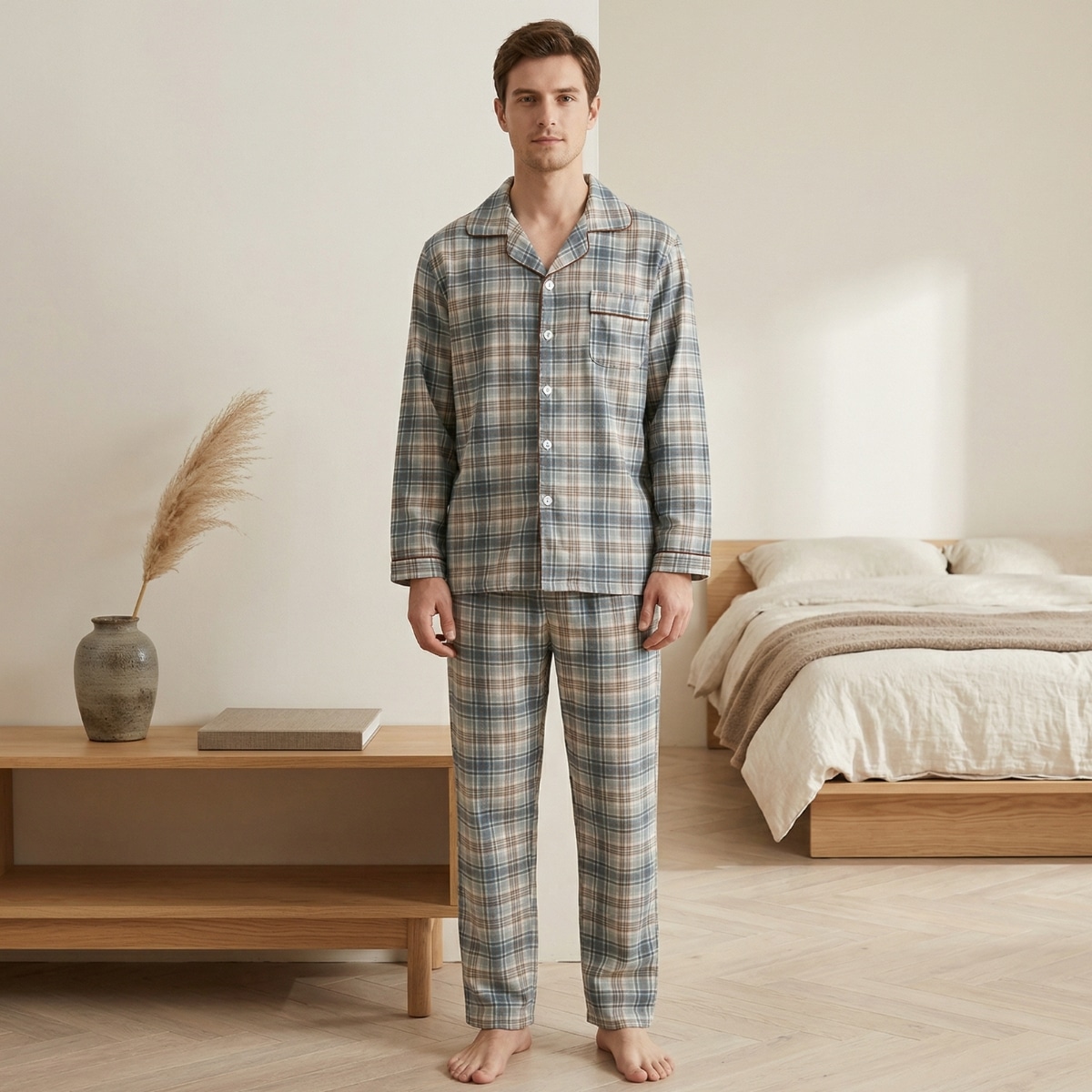 Un homme debout portant un pyjama japonais à carreaux pour homme de couleur bleu et beige, composé d'une chemise à manches longues boutonnée et d'un pantalon assorti, dans une chambre lumineuse et épurée au style minimaliste.