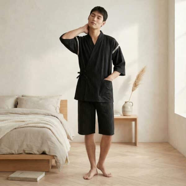 Un homme brun portant un pyjama japonais à fines rayures et avec short pour homme de couleur noire dans une chambre lumineuse et épurée avec un lit en bois clair.