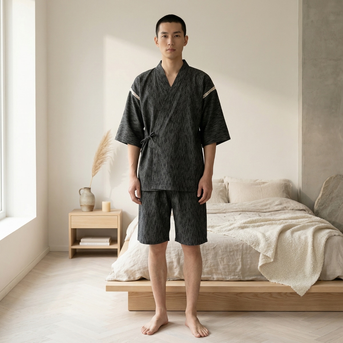 Un jeune homme portant un pyjama japonais à petits carreaux et avec short pour homme de couleur gris foncé, composé d'une veste croisée et d'un short assorti, debout dans une chambre lumineuse et épurée au décor minimaliste.