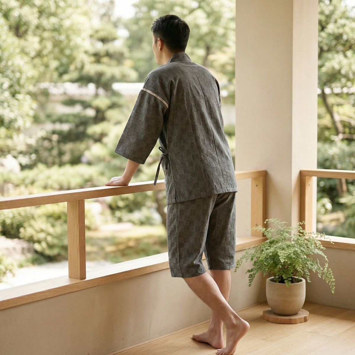 Pyjama japonais à petits carreaux et avec short pour homme — style japandi