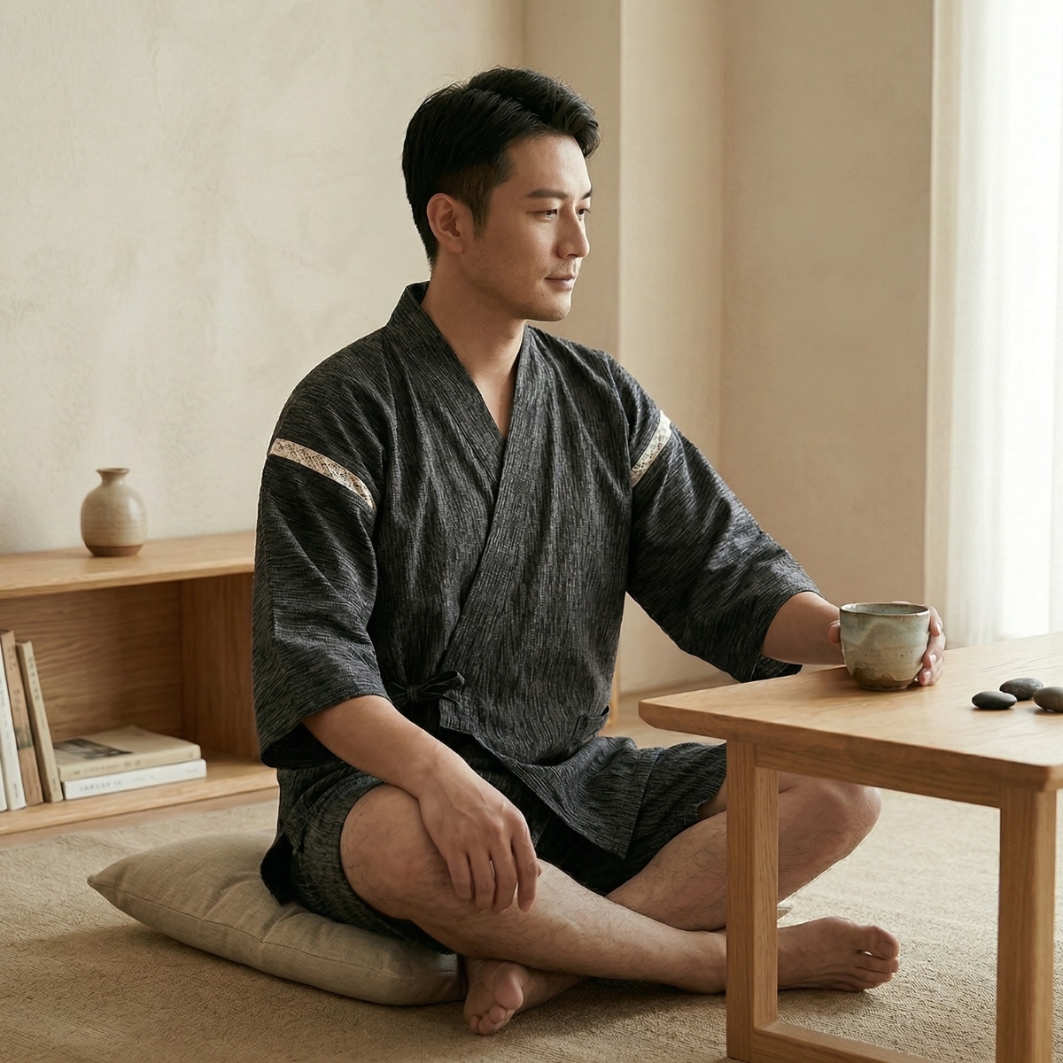 Pyjama japonais à petits carreaux et avec short pour homme — style japandi