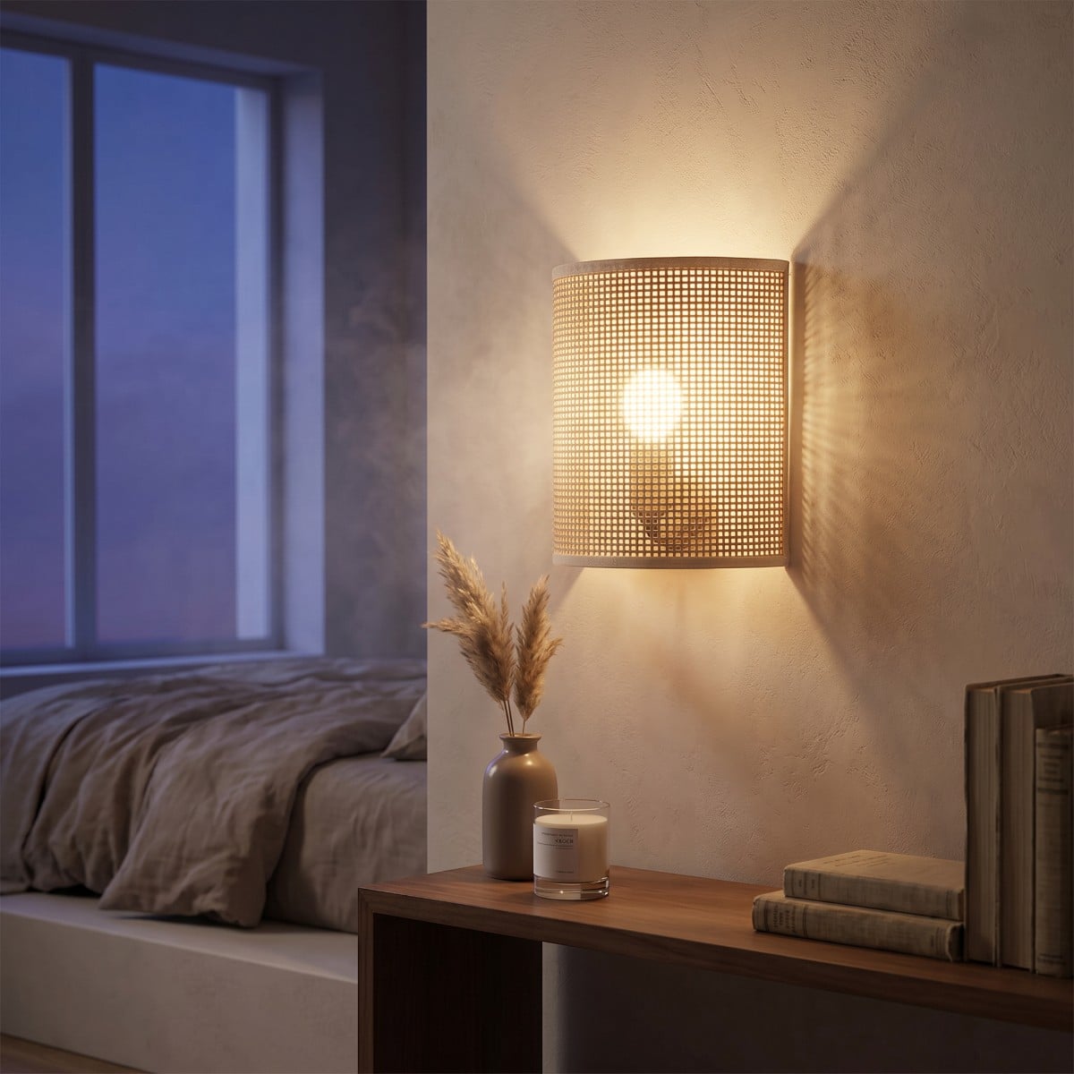 Applique murale Japandi demi-cylindre rotin naturel, luminaire au design japandi