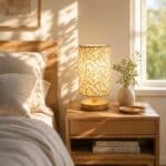 Lampe de table Japandi abat-jour géométrique doré base bois, luminaire au design japandi