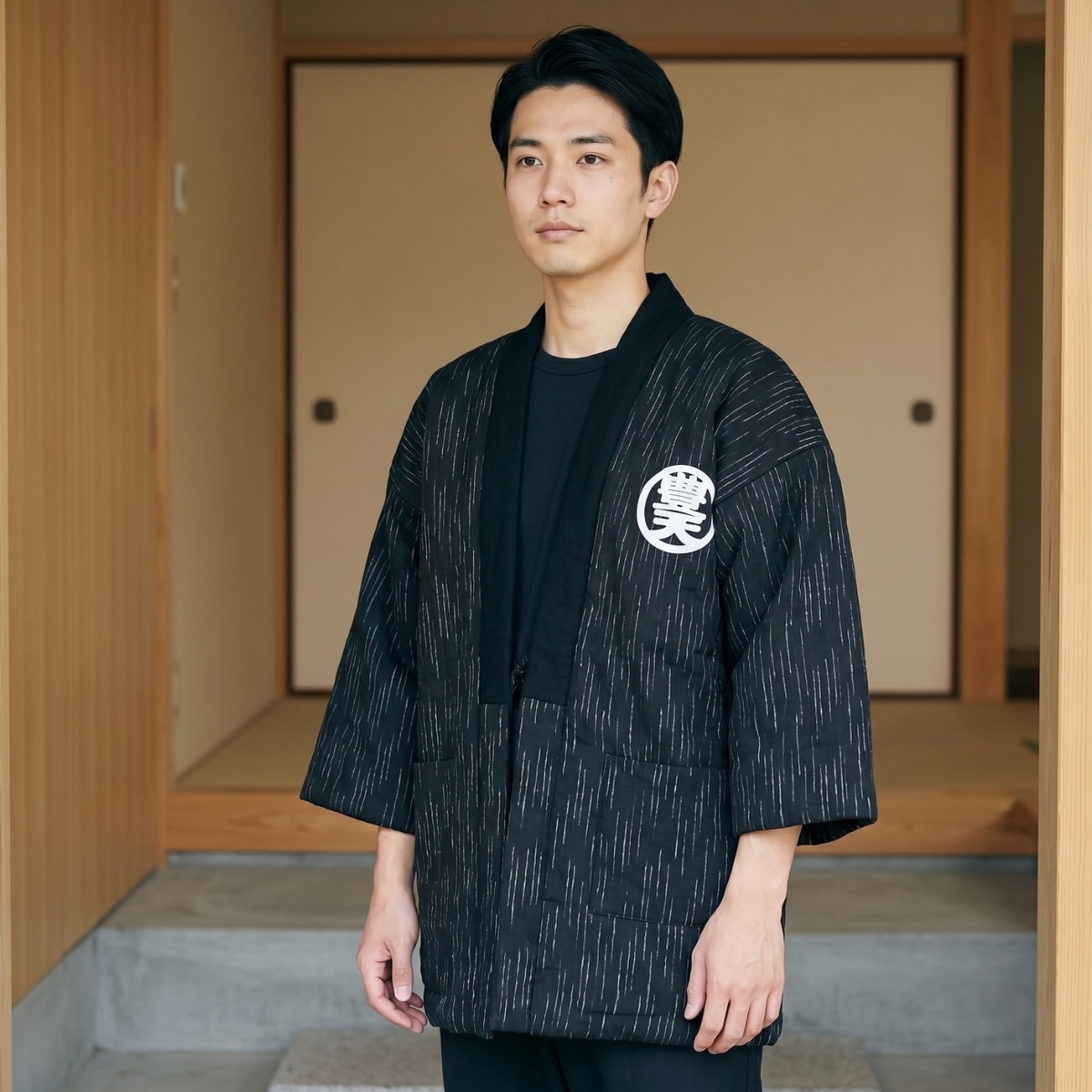 Un homme portant un Hanten homme avec symbole de prospérité noir à fines rayures, devant l’entrée d’une maison japonaise en bois.