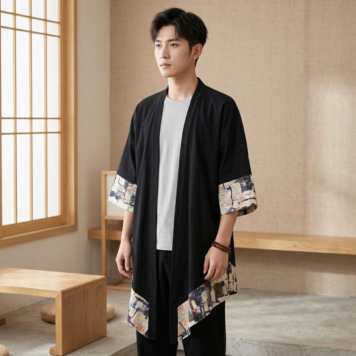Un homme porte un kimono homme noir avec bordures à motif abstrait, avec de larges manches et des bords décorés, dans une pièce lumineuse au style japonais avec un mur beige et des meubles en bois.