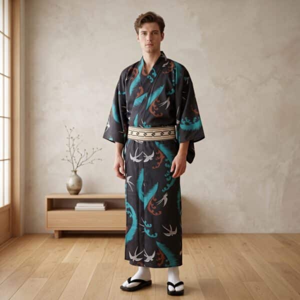Un homme porte un kimono homme traditionnel à motif hirondelles en vol, avec des oiseaux blancs et des motifs bleus et bruns, dans une pièce lumineuse au sol en bois, avec un petit meuble et un vase en arrière-plan.