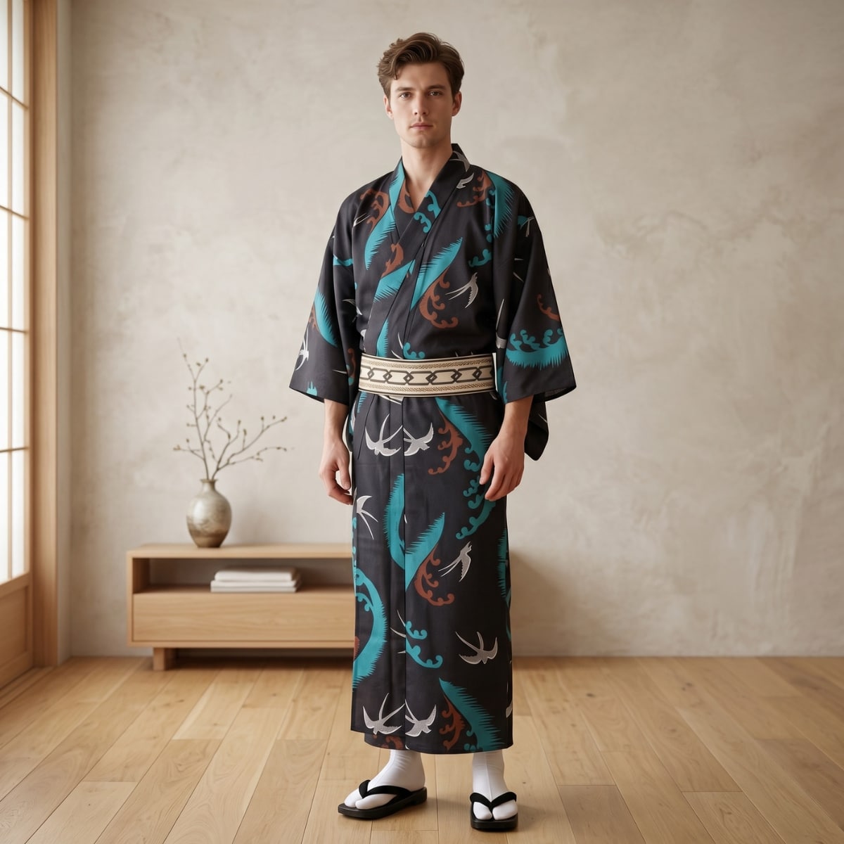 Un homme porte un kimono homme traditionnel à motif hirondelles en vol, avec des oiseaux blancs et des motifs bleus et bruns, dans une pièce lumineuse au sol en bois, avec un petit meuble et un vase en arrière-plan.