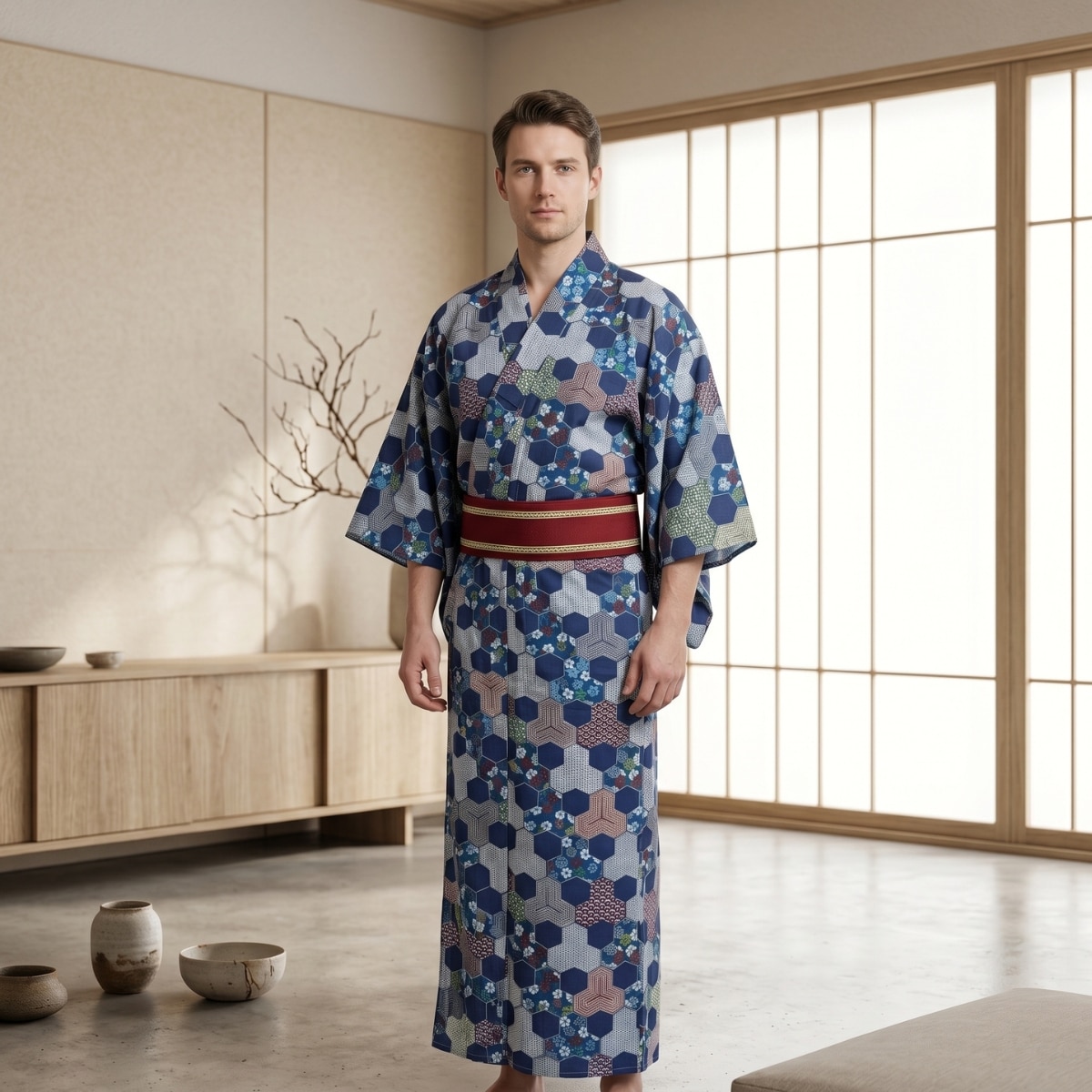 Un homme porte le kimono homme à motif géométrique traditionnel bleu à motifs hexagonaux, avec une ceinture rouge, dans une pièce japonaise lumineuse avec des portes coulissantes.