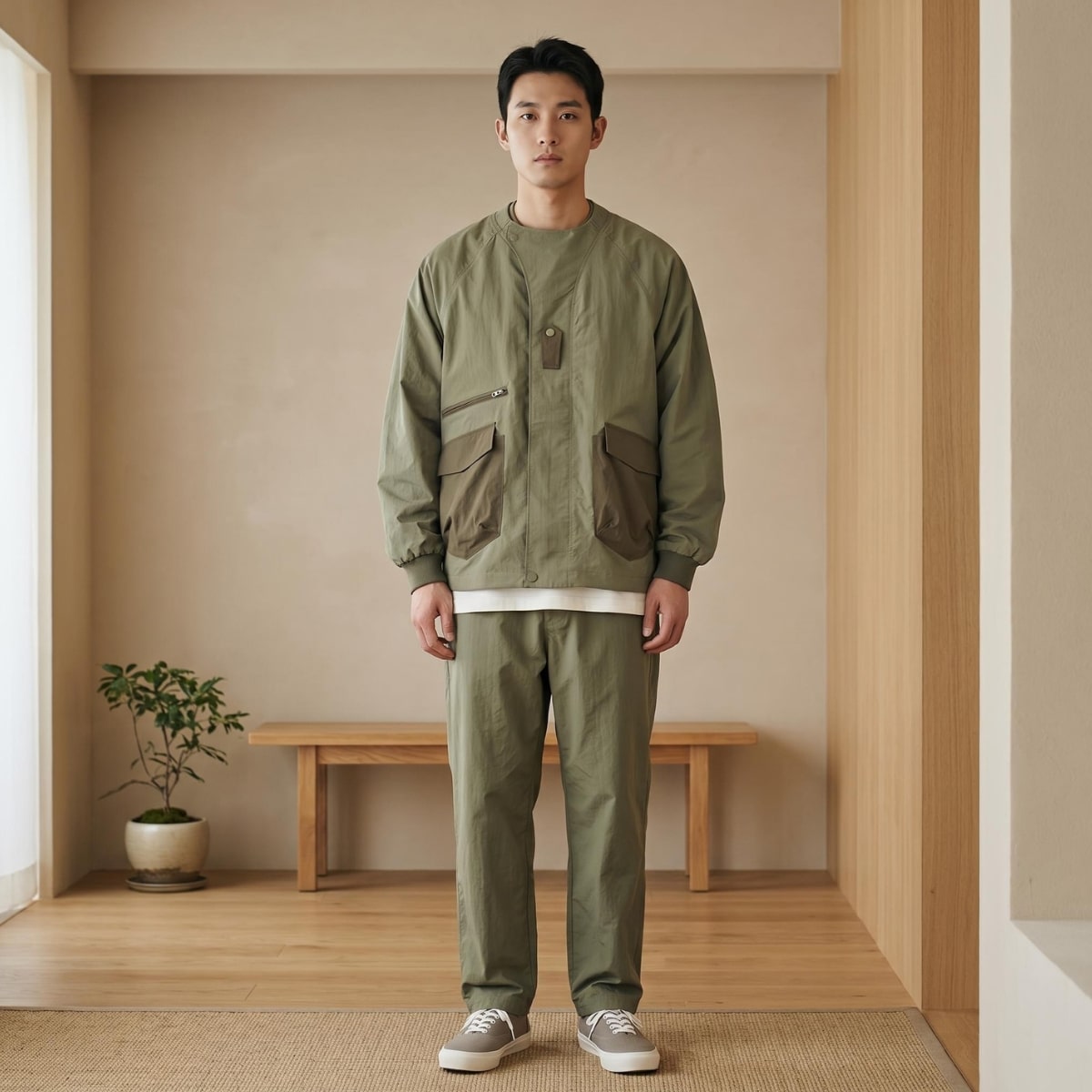 Un homme portant la veste japonaise coupe-vent pour homme verte avec de grandes poches, dans une pièce simple et claire avec un banc en bois et une petite plante.