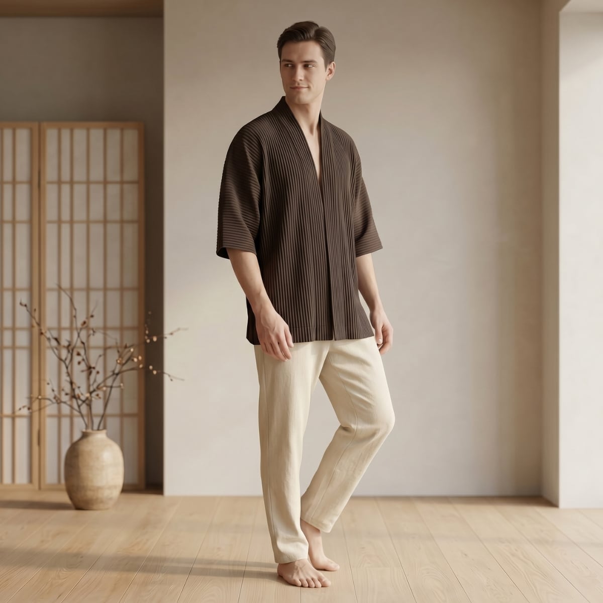 Un homme porte la Veste japonaise minimaliste à tissu plissé, avec un haut brun à plis et un pantalon clair, dans une pièce zen aux murs beiges, avec un paravent en bois et un vase décoratif.