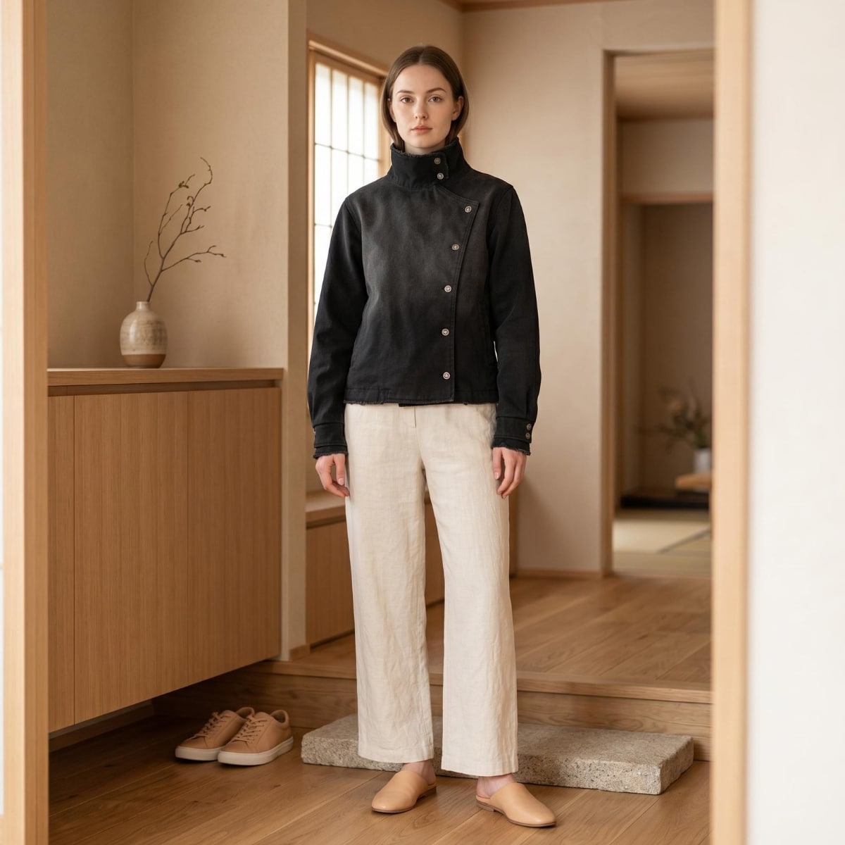 Une femme porte une veste japonaise style y2k pour femme noire, avec un col montant et des boutons, dans une pièce calme aux murs beige et au sol en bois.